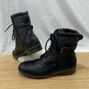 UGG Kesey Black Gray Waterproof Black Leather Gray Wool Boots Women’s Size 8